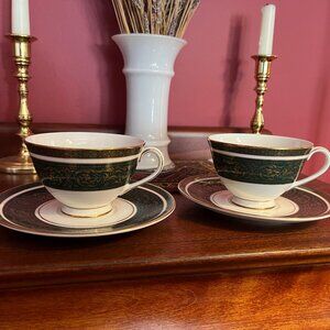Pair of Royal Doulton Vanborough Bone China Footed Teacups and Saucers